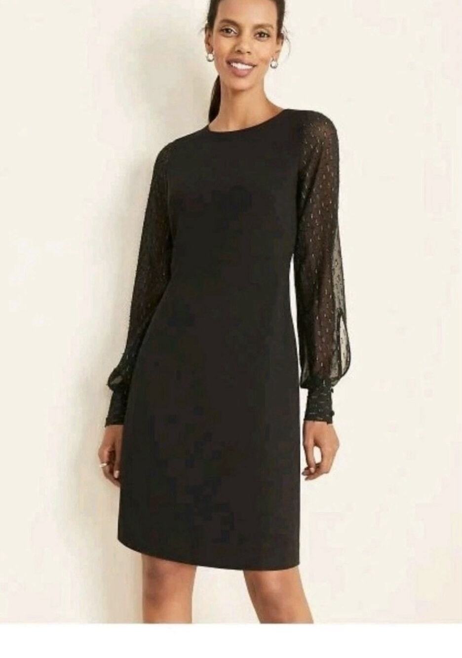 NWT Ann Taylor Black Sheer Shimmery Clip Long Sleeve Crew Neck Shift Dress 6T